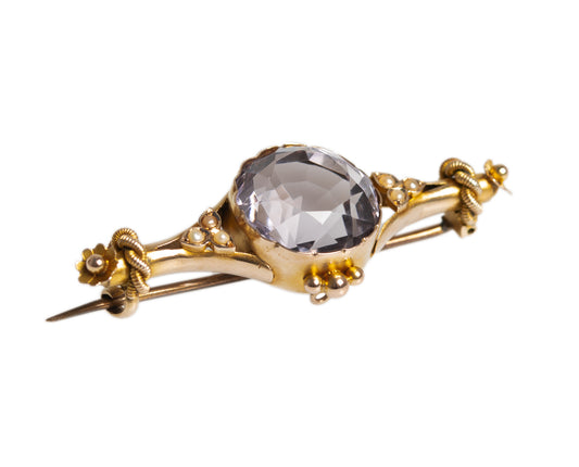 Antique Belle Epoque 10k Gold, Rose De France Amethyst & Seed Pearl Bar Brooch / Pin (A1311)
