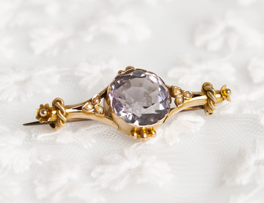 Antique Belle Epoque 10k Gold, Rose De France Amethyst & Seed Pearl Bar Brooch / Pin  (A1311)