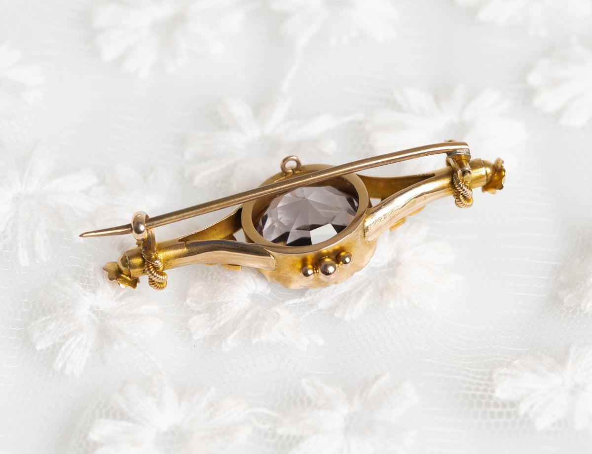 Antique Belle Epoque 10k Gold, Rose De France Amethyst & Seed Pearl Bar Brooch / Pin  (A1311)