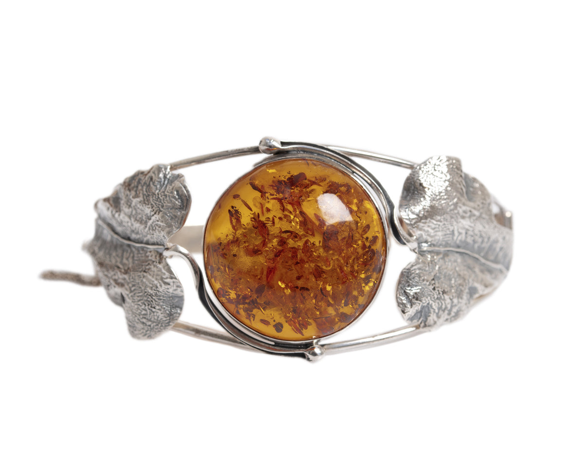 Vintage Sterling Silver Leaf Design Bracelet / Bangle With Large Amber Cabochon (A1312)
