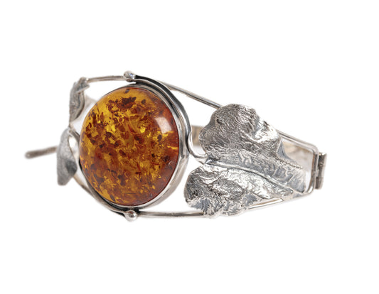 Vintage Sterling Silver Leaf Design Bracelet / Bangle With Large Amber Cabochon (A1312)