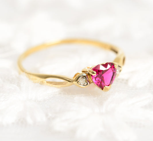 9ct 9K Gold, Pink Topaz & Diamond Ladies Dainty Promise Ring UK Size O1/2 (A1319)