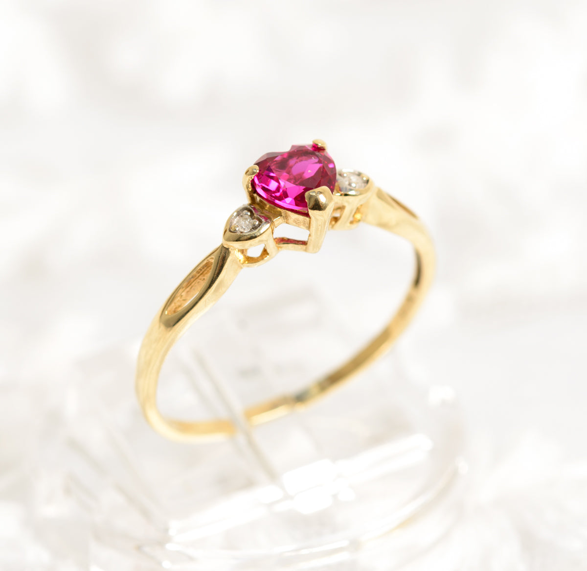 9ct 9K Gold, Pink Topaz & Diamond Ladies Dainty Promise Ring UK Size O1/2 (A1319)