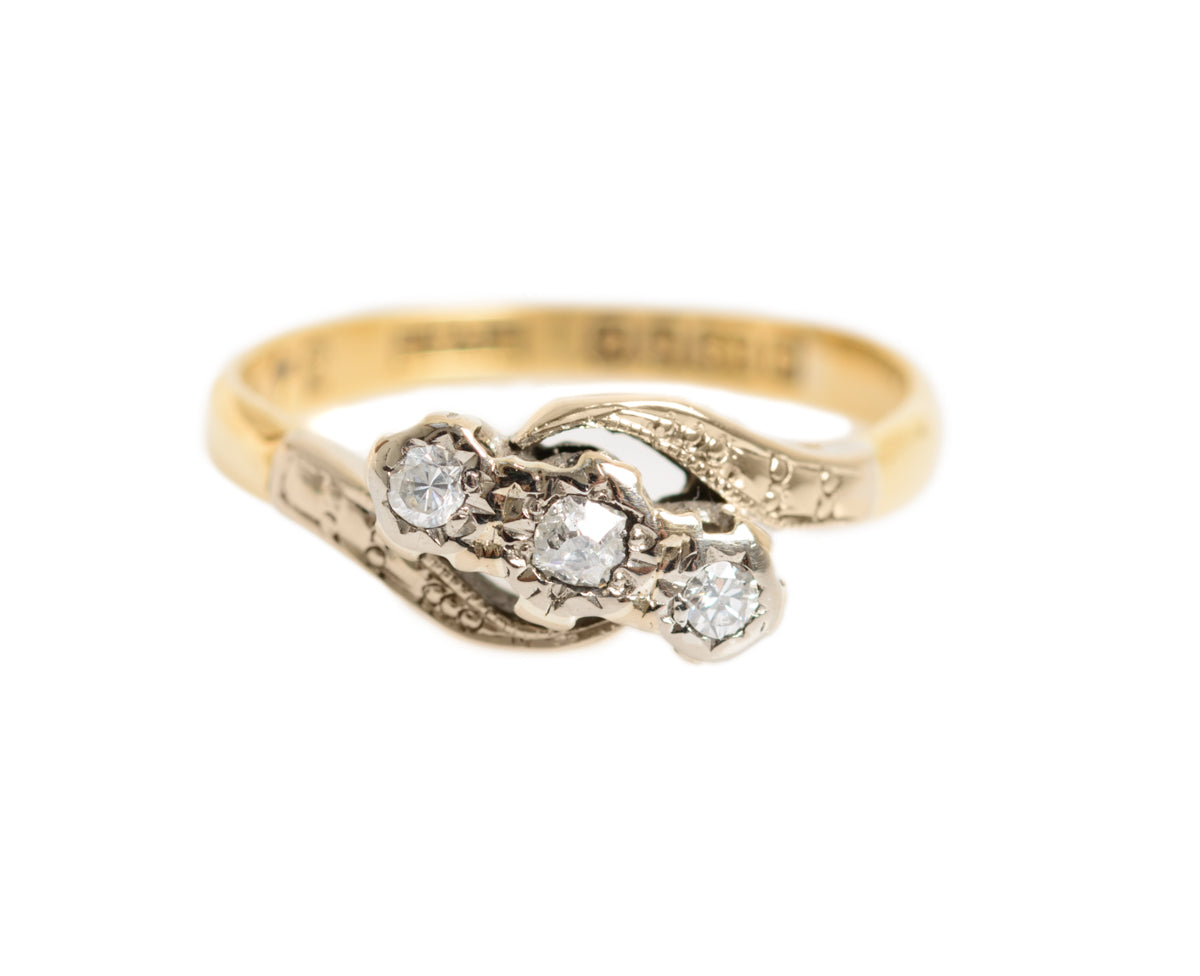 Vintage 18ct 18K Gold & Platinum Diamond Crossover Ring Women's UK Size K (A1322)
