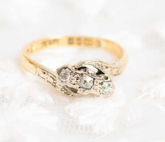 Vintage 18ct 18K Gold & Platinum Diamond Crossover Ring Women's UK Size K (A1322)