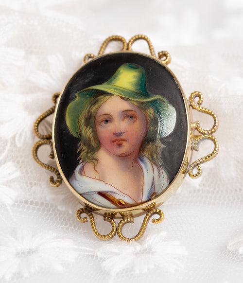Antique 9ct Gold Hand Painted Porcelain Portrait Brooch - Gypsy Girl Subject - Victorian or Edwardian - Maker W.G & S - A1324