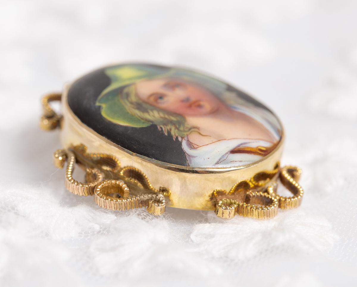 Antique Victorian/Edwardian 9ct 9K Gold & Hand Painted Porcelain Portrait of a Gypsy Girl Brooch/Pin (A1324)