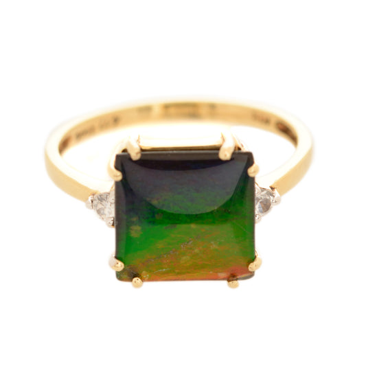 9ct 9k Gold Ring With Rainbow Ammolite & Rock Crystal Quartz Gemstones UK Size N (A1327)