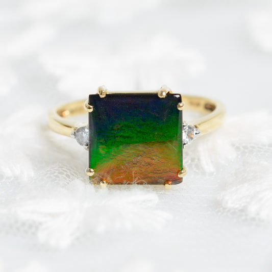 9ct 9k Gold Ring With Rainbow Ammolite & Rock Crystal Quartz Gemstones UK Size N (A1327)