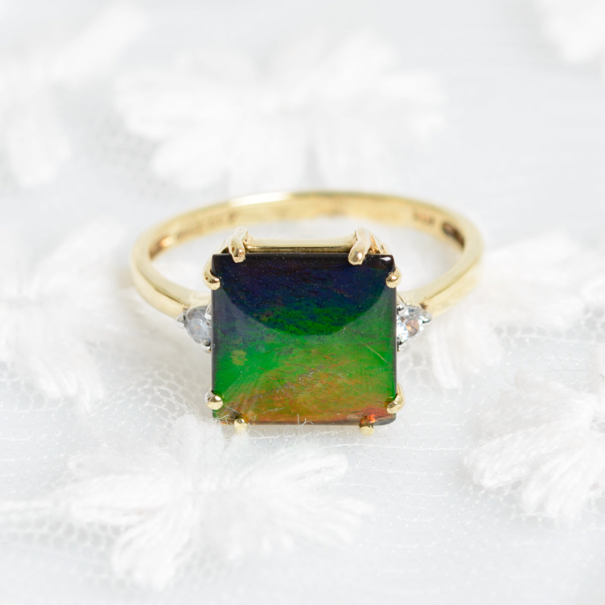 9ct 9k Gold Ring With Rainbow Ammolite & Rock Crystal Quartz Gemstones UK Size N (A1327)