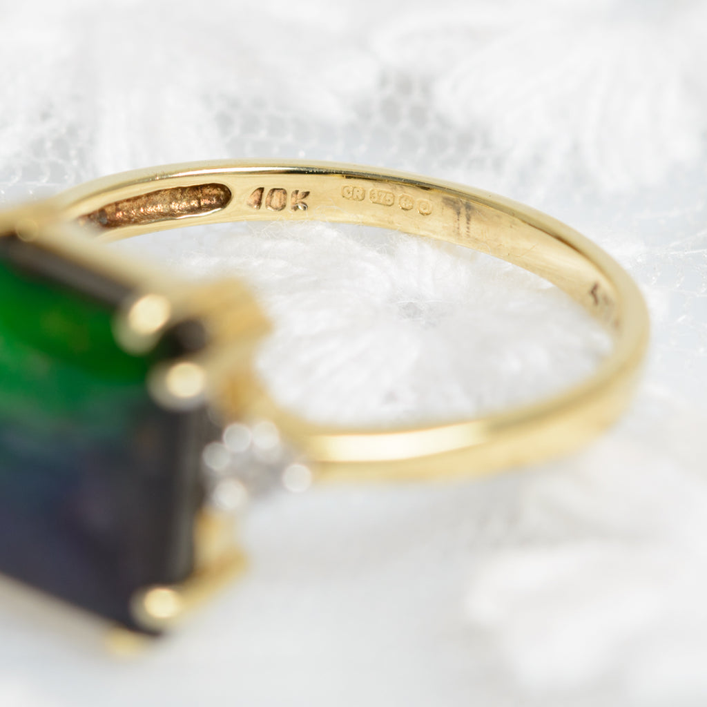 9ct 9k Gold Ring With Rainbow Ammolite & Rock Crystal Quartz Gemstones UK Size N (A1327)
