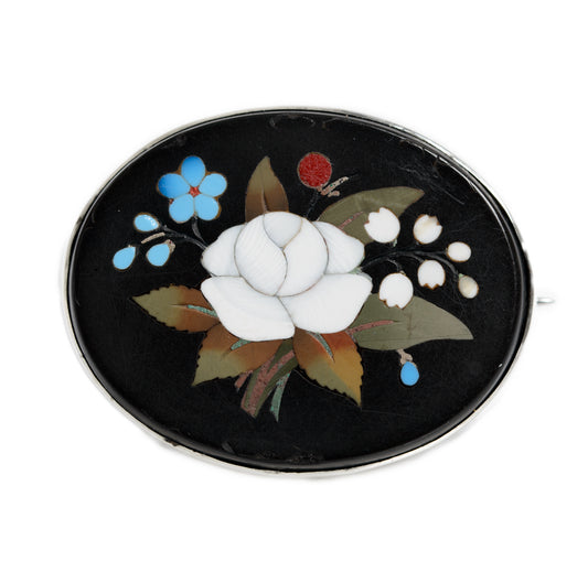 Antique Victorian Pietra Dura Inlaid Stone Sterling Silver Brooch/Pin  (A1335)