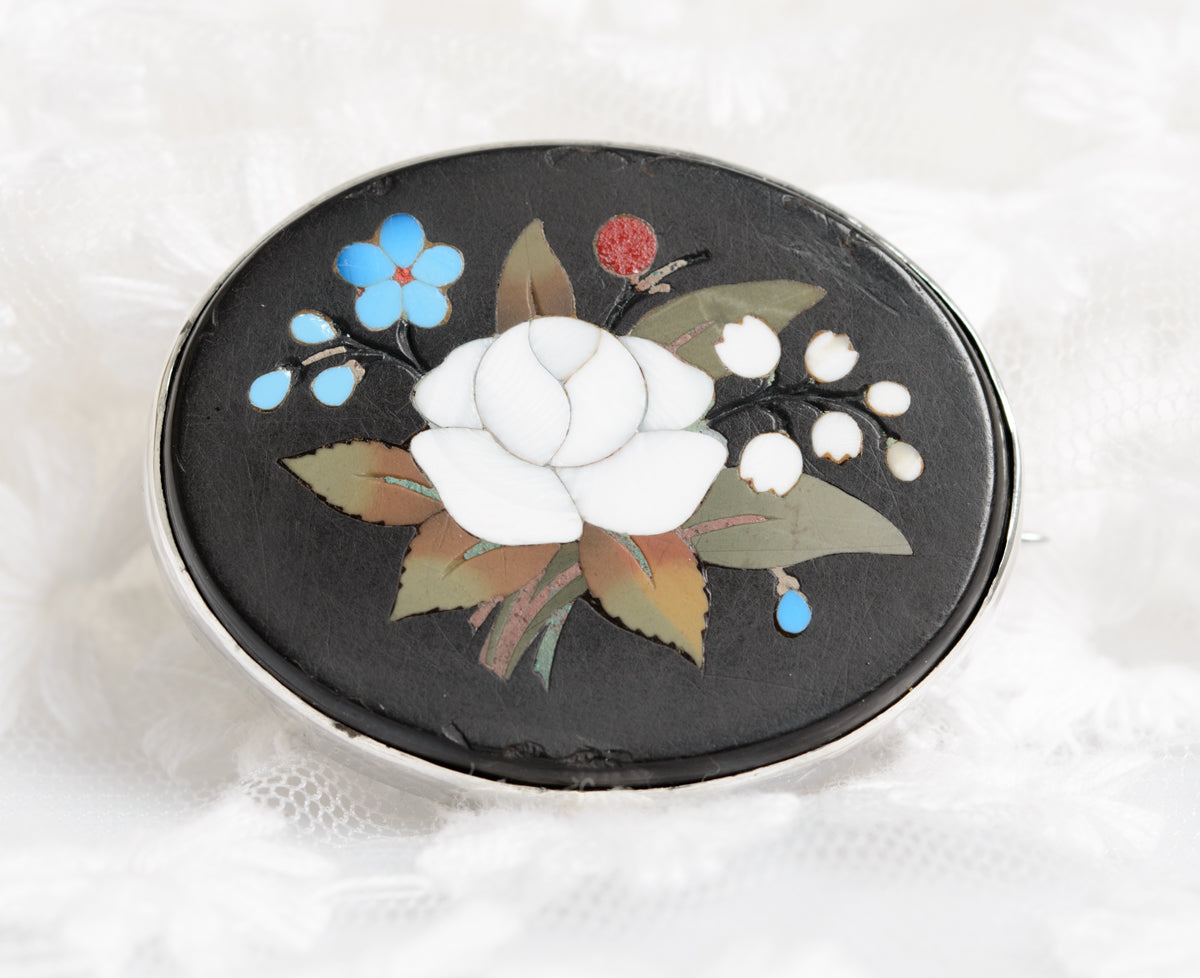Antique Victorian Pietra Dura Inlaid Stone Sterling Silver Brooch/Pin  (A1335)