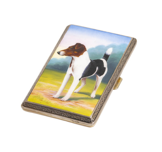 Art Deco Hand Painted Enamel Terrier Dog Cigarette Case Gold Cased (A1338)