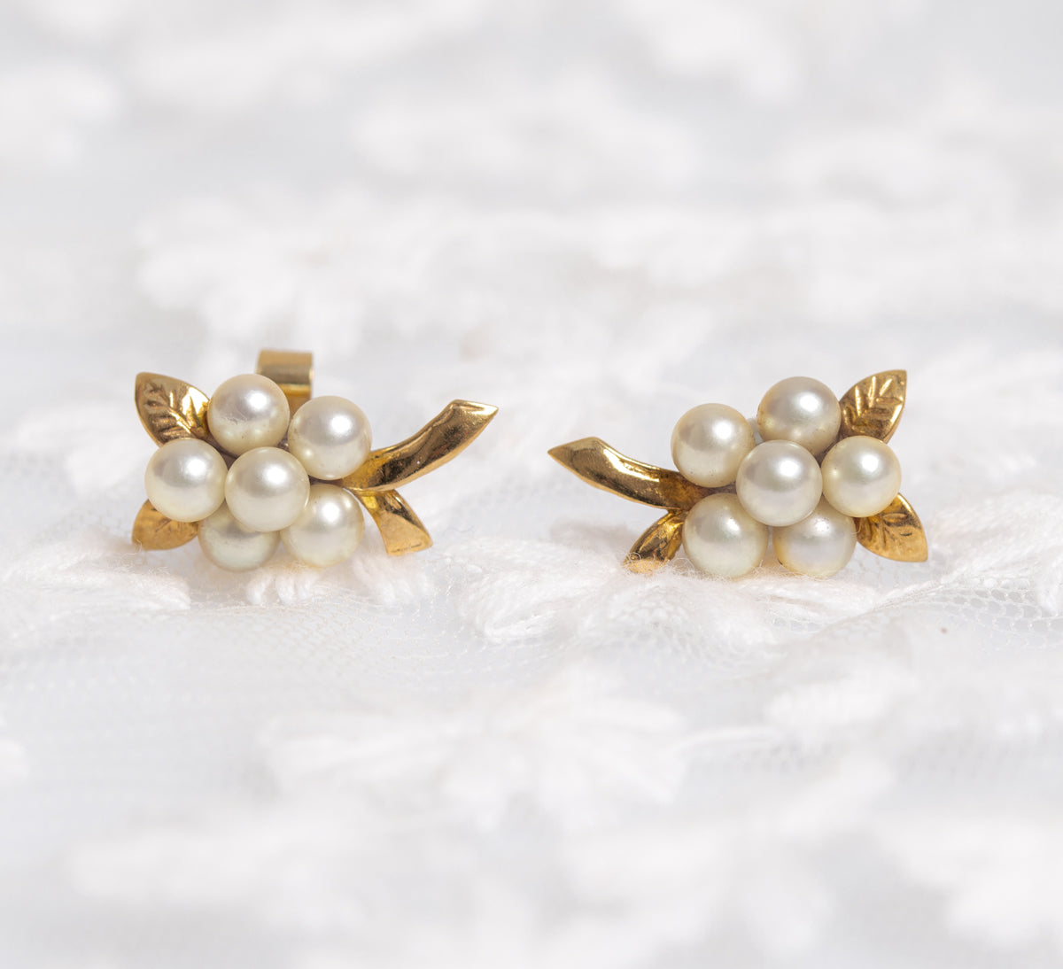 Pair Vintage 9ct 9k Yellow Gold & Cultured Pearl Cluster Earrings (A1340)