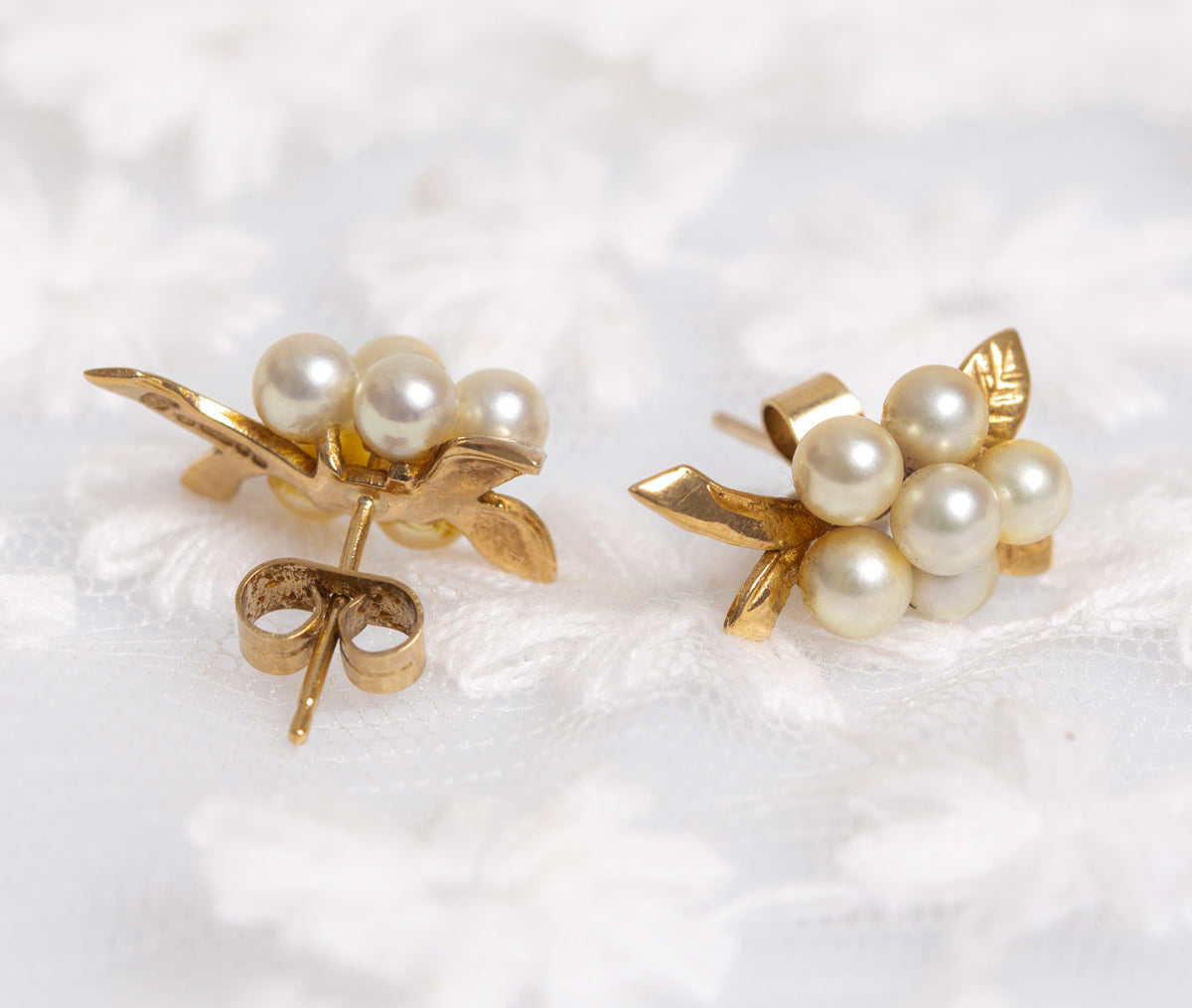 Pair Vintage 9ct 9k Yellow Gold & Cultured Pearl Cluster Earrings (A1340)