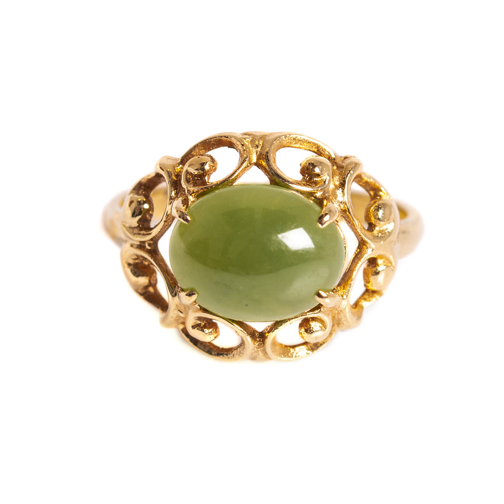 Vintage 9ct Gold Jade Gemstone Ring Green Oval Cabochon c1990 UK Size N (A1356)