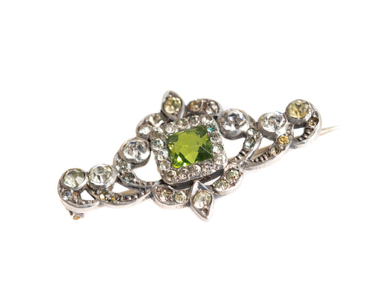 Art Deco Sterling Silver Brooch / Pin With Paste Gems & Simulated Emerald (A1377)