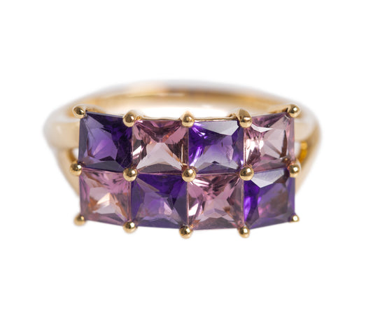 Amethyst & Pink Tourmaline Gemstone Gold Ring In 9ct Yellow Gold Hallmark 2007 (A1378)