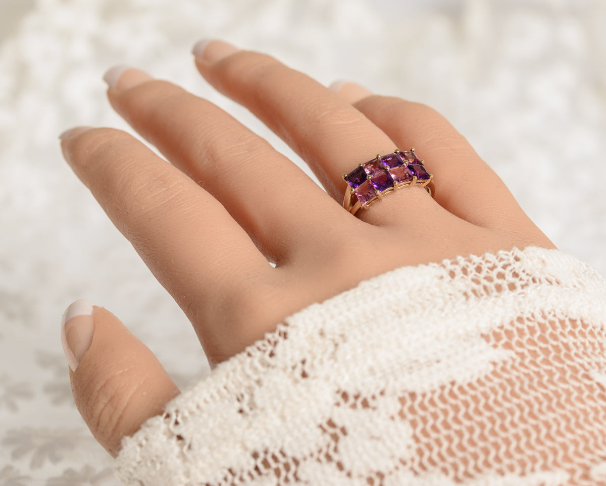Amethyst & Pink Tourmaline Gemstone Gold Ring In 9ct Yellow Gold Hallmark 2007 (A1378)