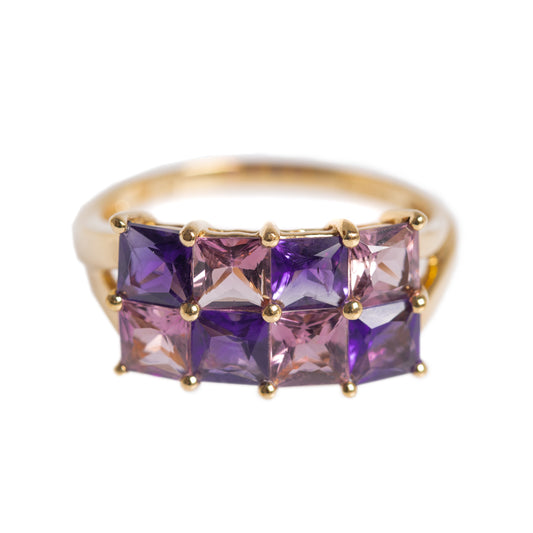 Amethyst & Pink Tourmaline Gemstone Gold Ring In 9ct Yellow Gold Hallmark 2007 (A1378)