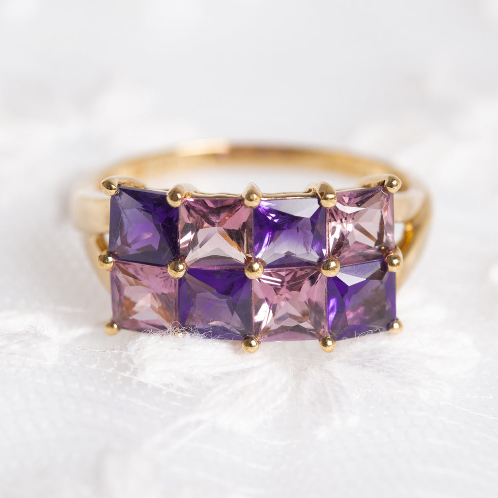 Amethyst & Pink Tourmaline Gemstone Gold Ring In 9ct Yellow Gold Hallmark 2007 (A1378)