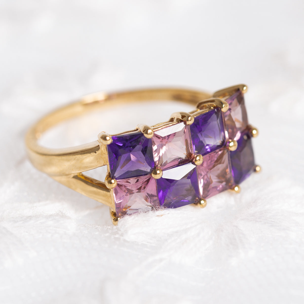Amethyst & Pink Tourmaline Gemstone Gold Ring In 9ct Yellow Gold Hallmark 2007 (A1378)