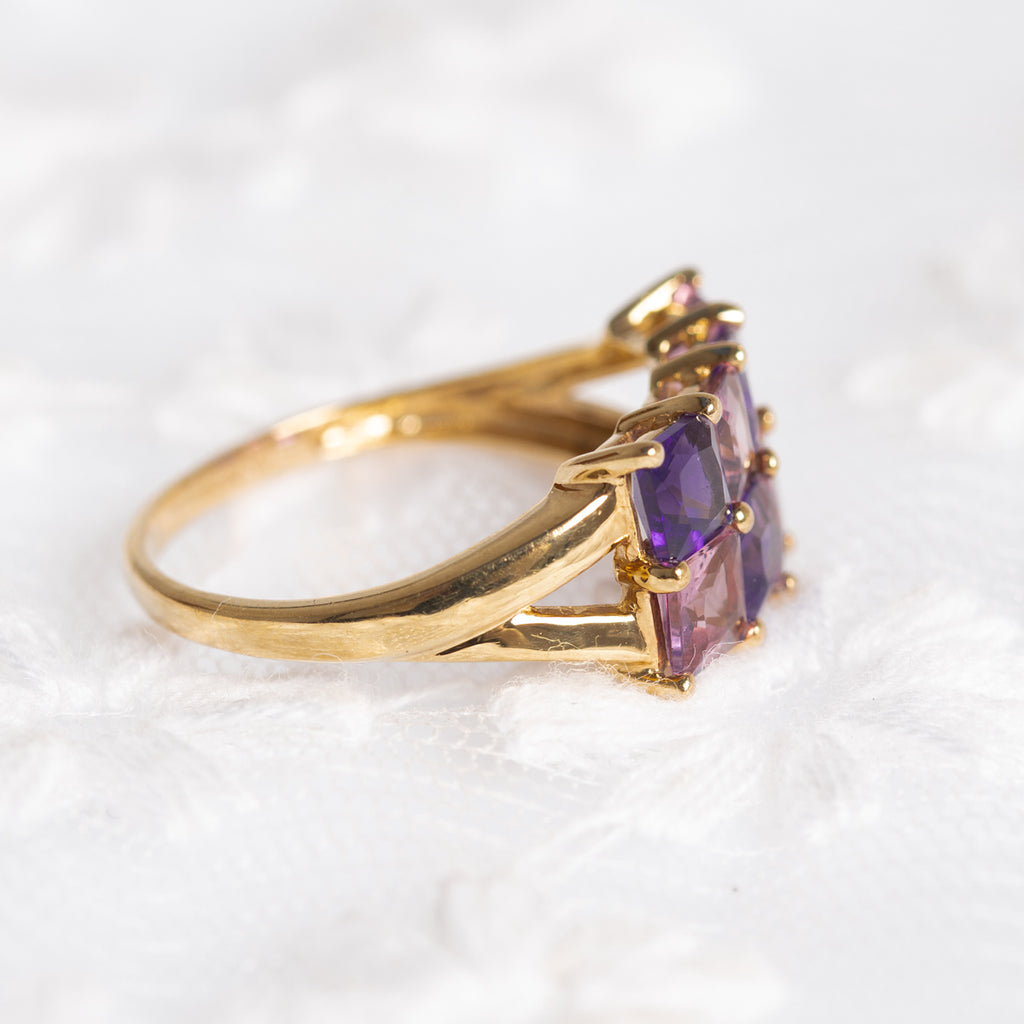 Amethyst & Pink Tourmaline Gemstone Gold Ring In 9ct Yellow Gold Hallmark 2007 (A1378)