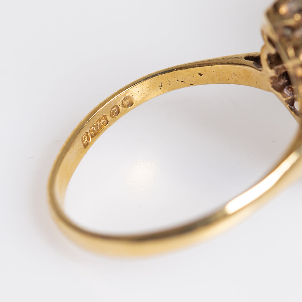 9ct Gold Marquise Gemstone Ring With Royal Blue Spinel & Clear Gem Halo Vintage (A1381)