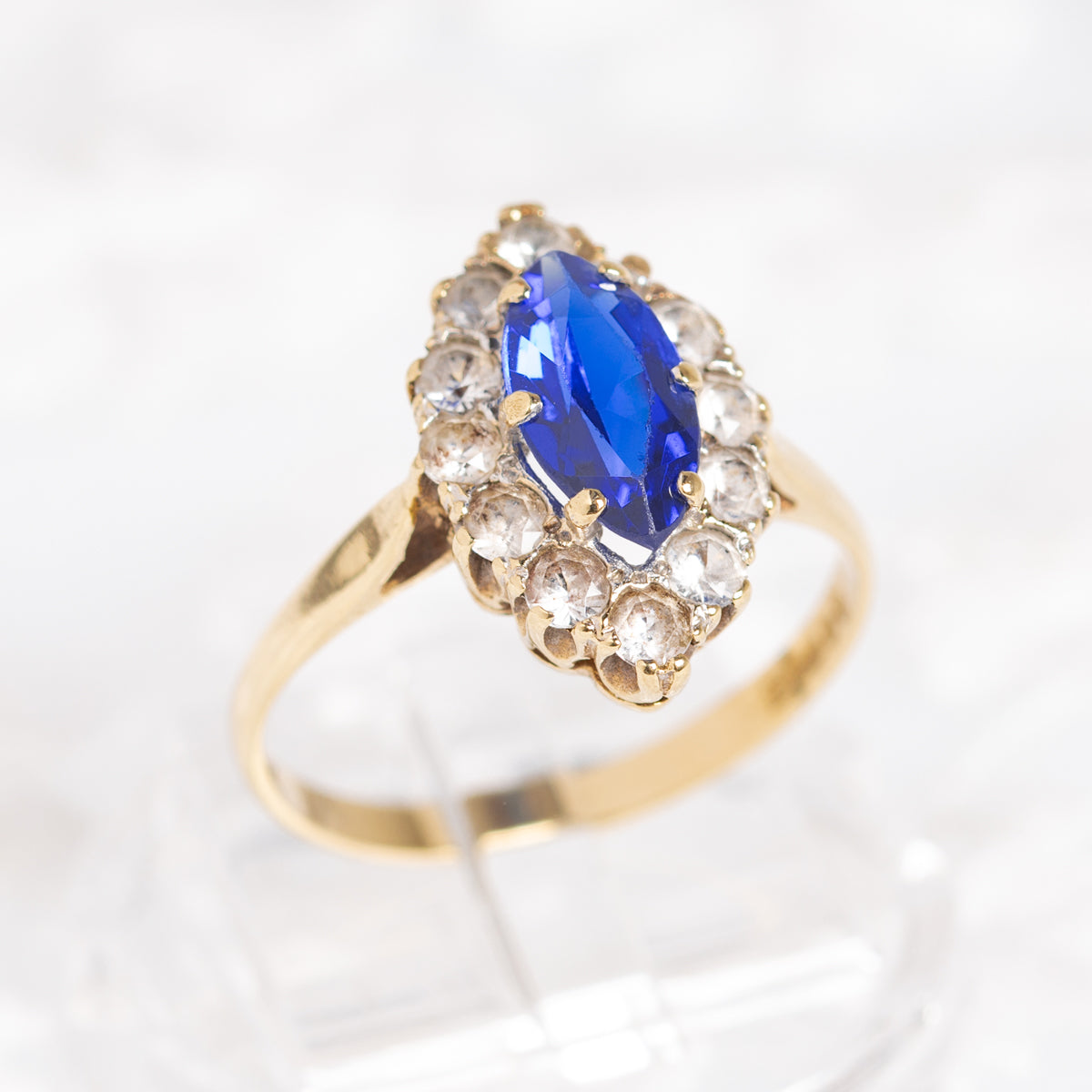 9ct Gold Marquise Gemstone Ring With Royal Blue Spinel & Clear Gem Halo Vintage (A1381)