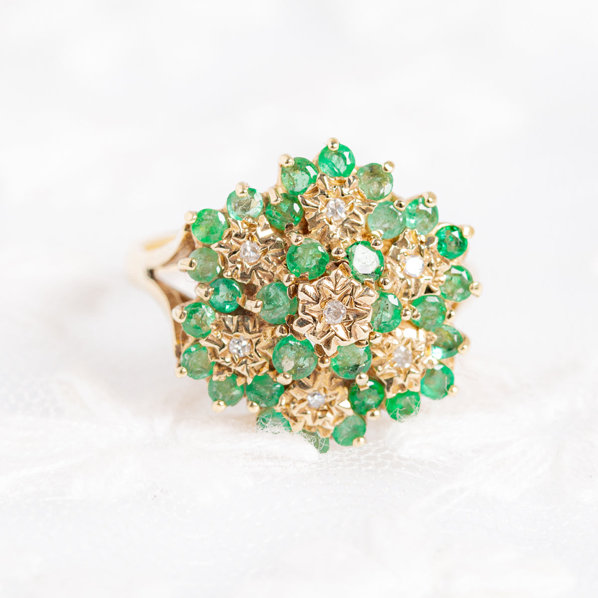 9ct Gold Emerald & Diamond Ring Large Cocktail Cluster Vintage 9K 1990's (A1384)