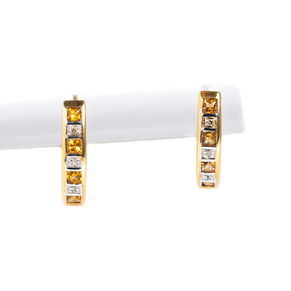 Citrine & Diamond Gemstone Pair Earrings In 9ct Gold Arc Shape Hallmarked 2006 (A1388)