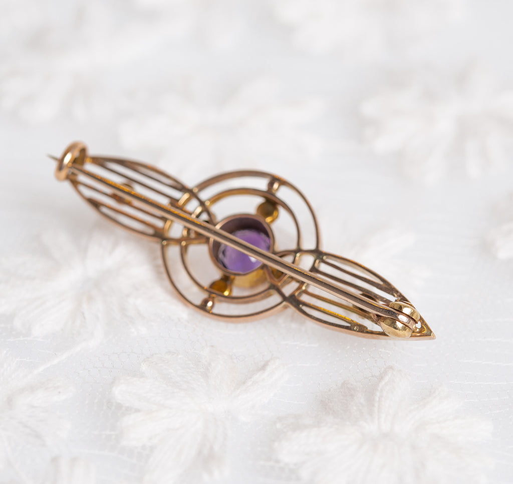 Antique Art Deco Gold Brooch 9 Carat Seed Pearls & Amethyst (A1394)