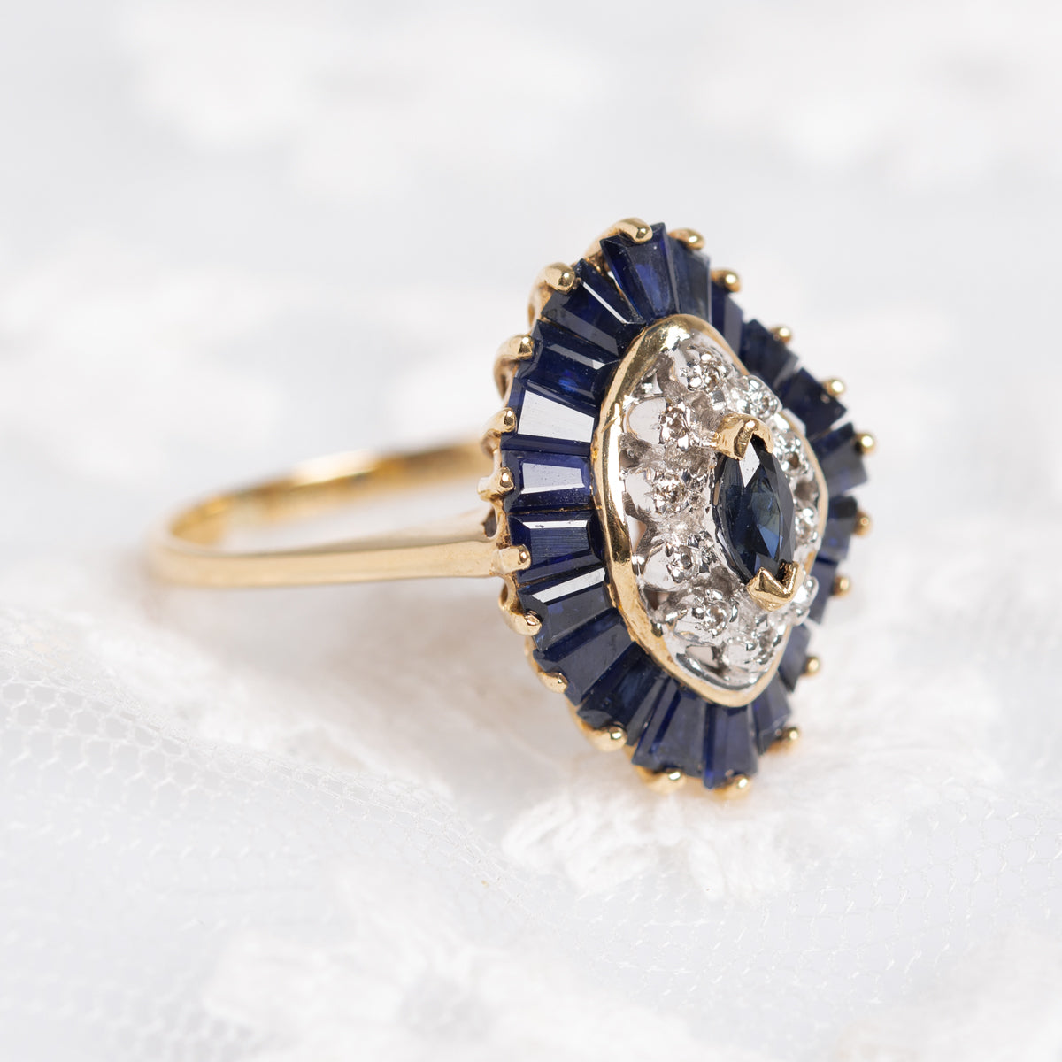 9ct Gold Natural Sapphire & Diamond Gemstone Cocktail Ring Halo Design UK Size M (A1403)