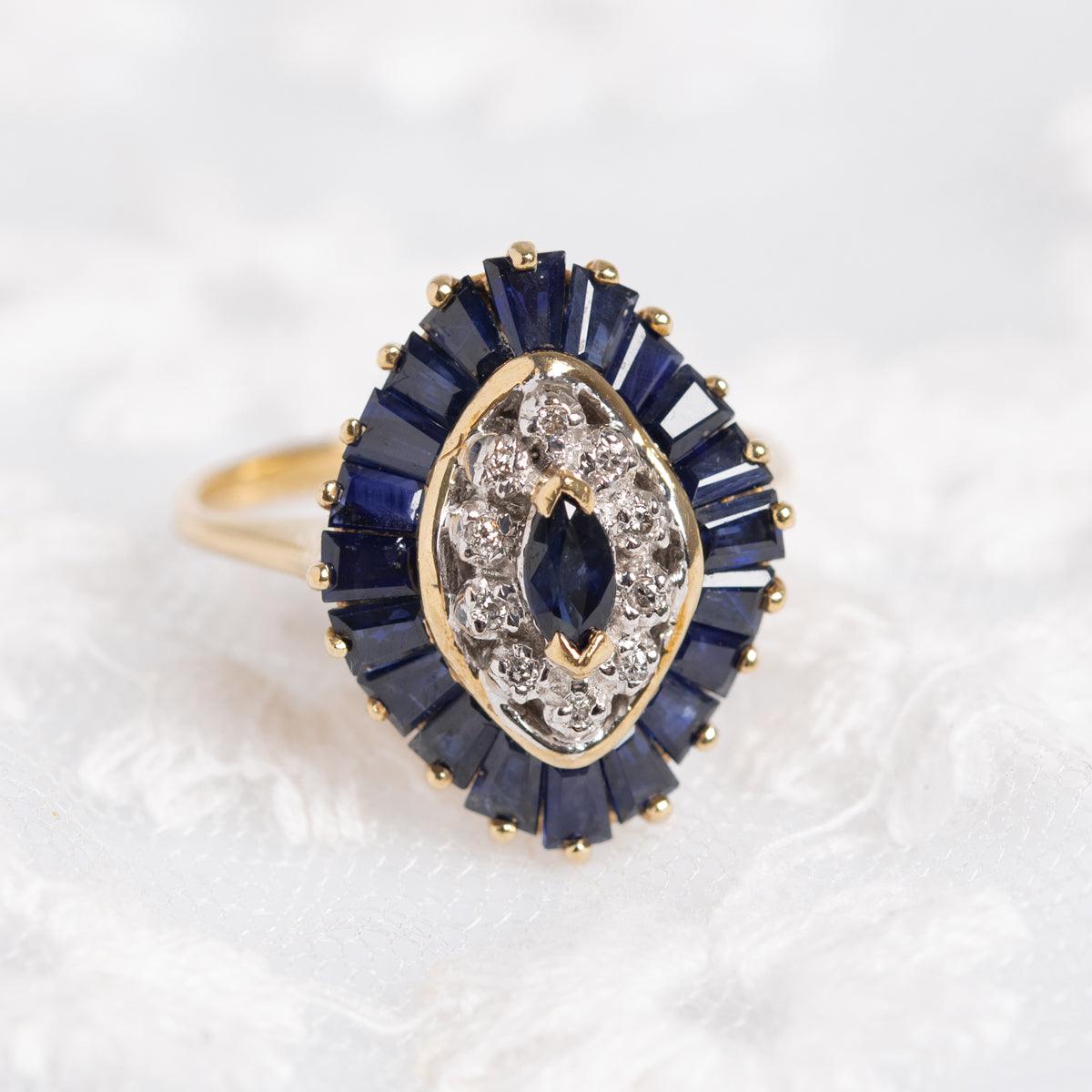 9ct Gold Natural Sapphire & Diamond Gemstone Cocktail Ring Halo Design UK Size M (A1403)