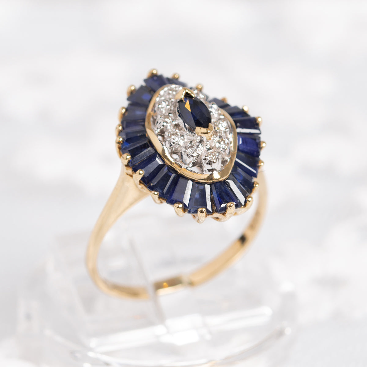 9ct Gold Natural Sapphire & Diamond Gemstone Cocktail Ring Halo Design UK Size M (A1403)