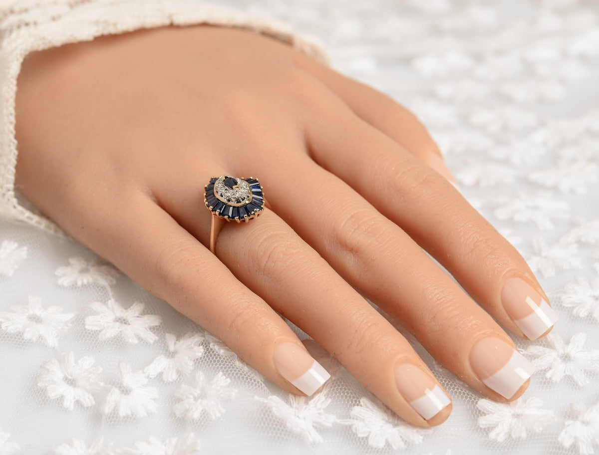 9ct Gold Natural Sapphire & Diamond Gemstone Cocktail Ring Halo Design UK Size M (A1403)