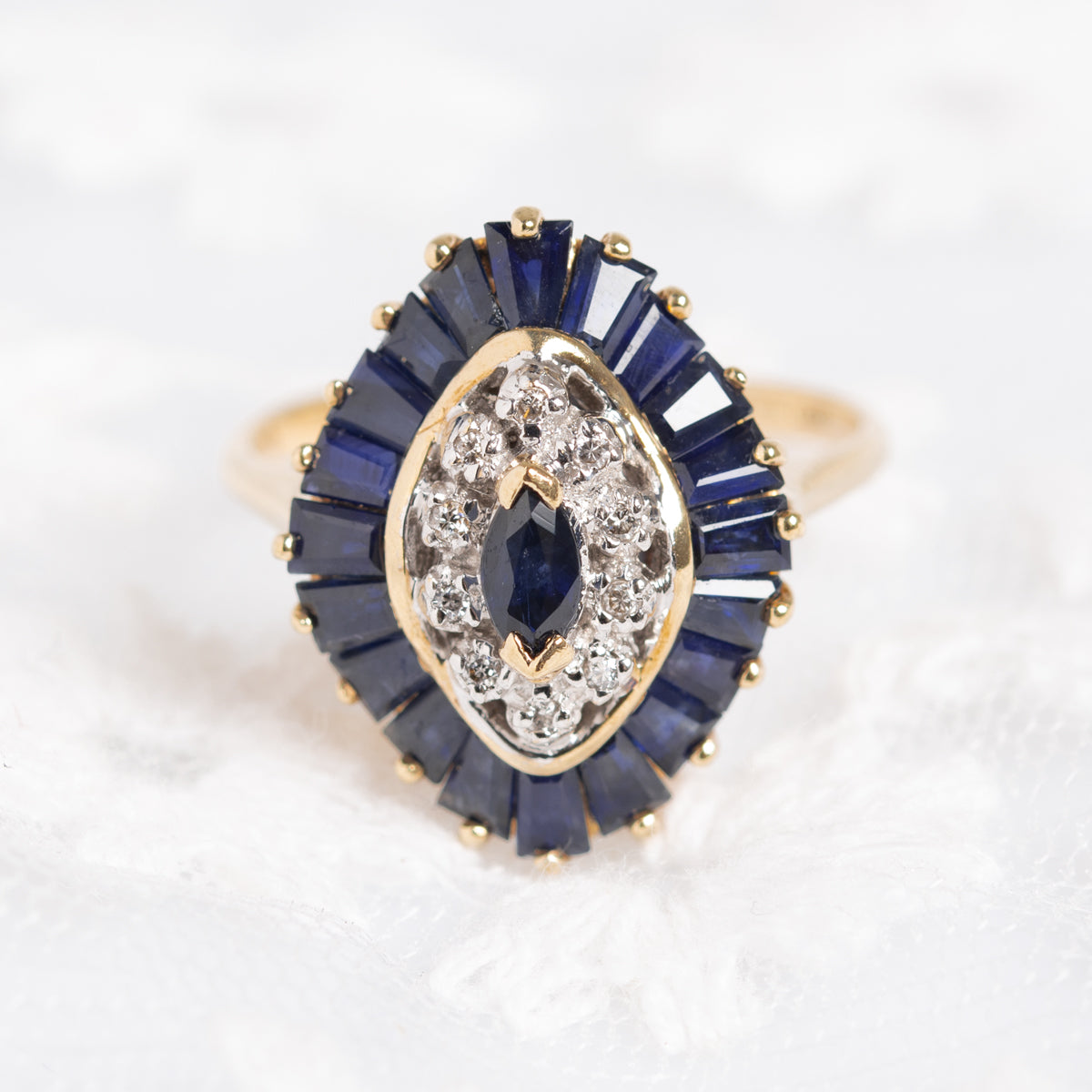 9ct Gold Natural Sapphire & Diamond Gemstone Cocktail Ring Halo Design UK Size M (A1403)