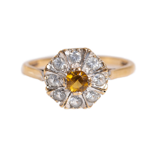 Vintage Golden Yellow Tourmaline Gemstone Daisy Ring In 9ct Gold UK Size P  (A1404)