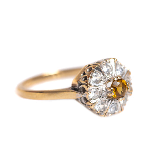Vintage Golden Yellow Tourmaline Gemstone Daisy Ring In 9ct Gold UK Size P  (A1404)
