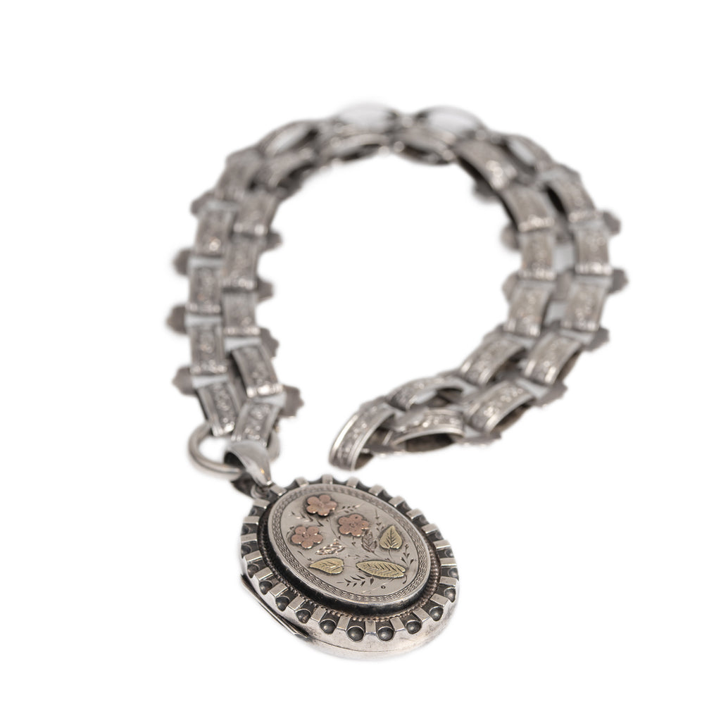 Antique Victorian Sterling Silver & Gold Book Chain & Locket Adie & Lovekin (A1409)