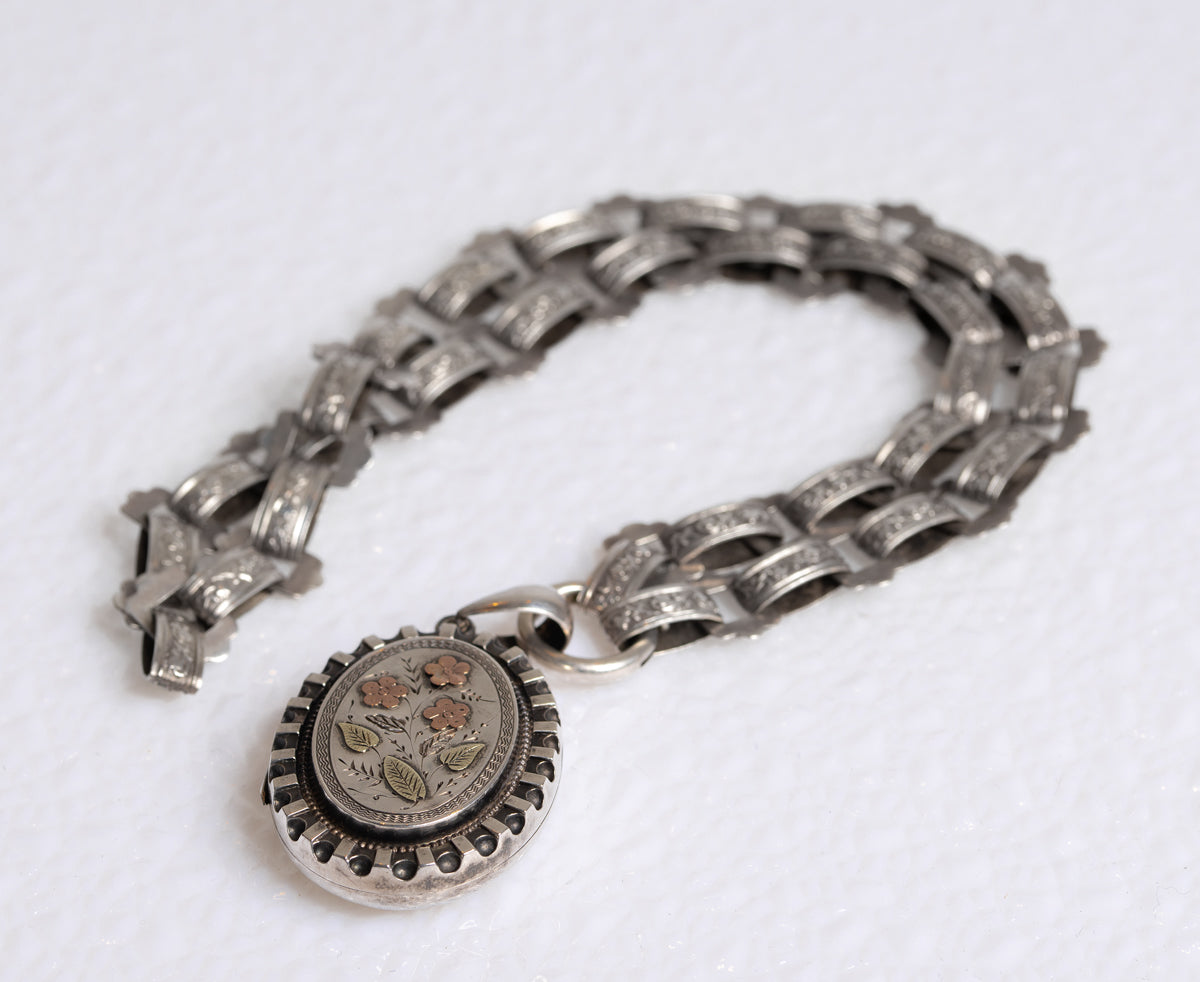 Antique Victorian Sterling Silver & Gold Book Chain & Locket Adie & Lovekin (A1409)