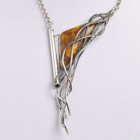 Vintage Artisan Amber Pendant & Silver Necklace Large Statement Jewellery (A1410)