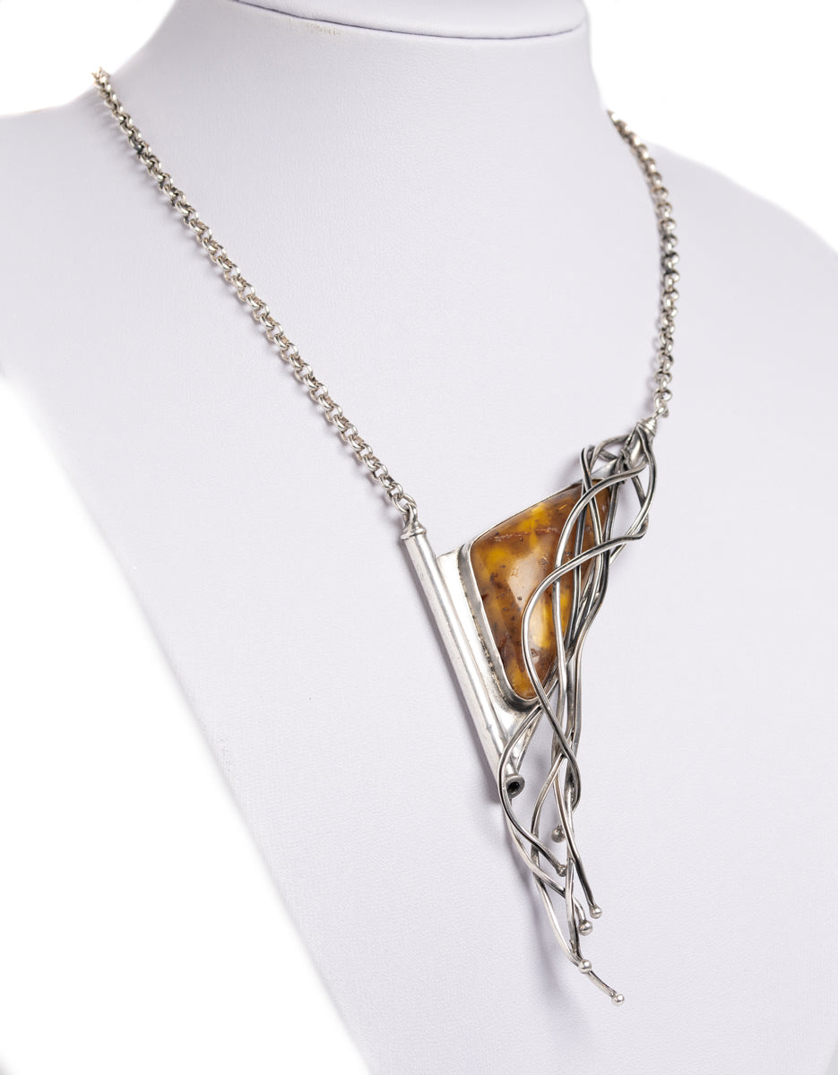 Vintage Artisan Amber Pendant & Silver Necklace Large Statement Jewellery (A1410)