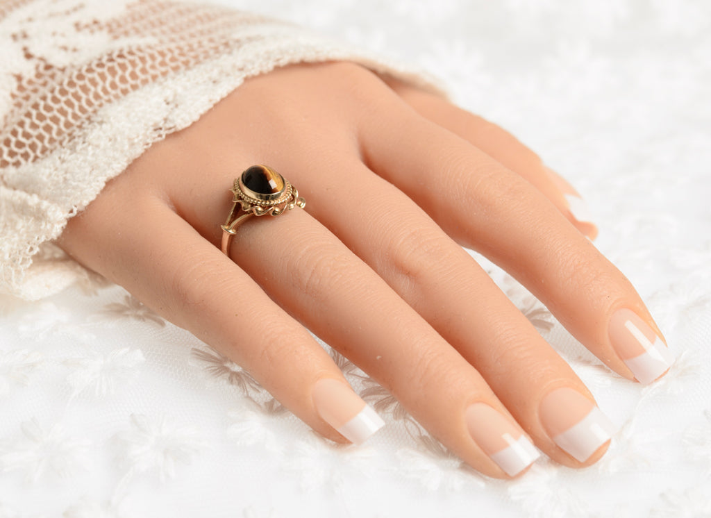 Vintage Tigers Eye Gemstone Ring 9ct Gold Rope Twist Mount Retro Jewelry (A1428)