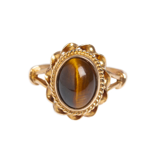 Vintage Tigers Eye Gemstone Ring 9ct Gold Rope Twist Mount Retro Jewelry (A1428)