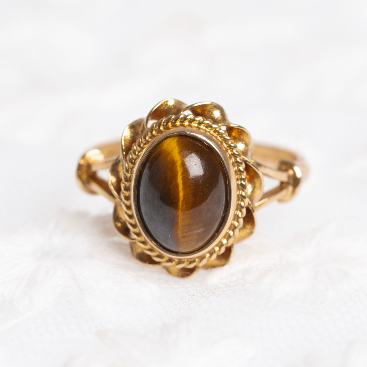 Vintage Tigers Eye Gemstone Ring 9ct Gold Rope Twist Mount Retro Jewelry (A1428)