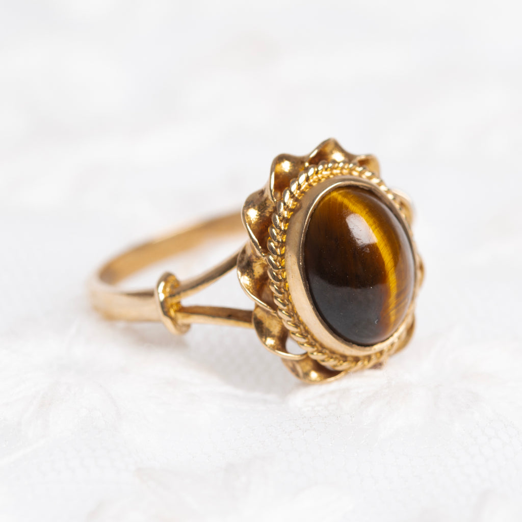 Vintage Tigers Eye Gemstone Ring 9ct Gold Rope Twist Mount Retro Jewelry (A1428)