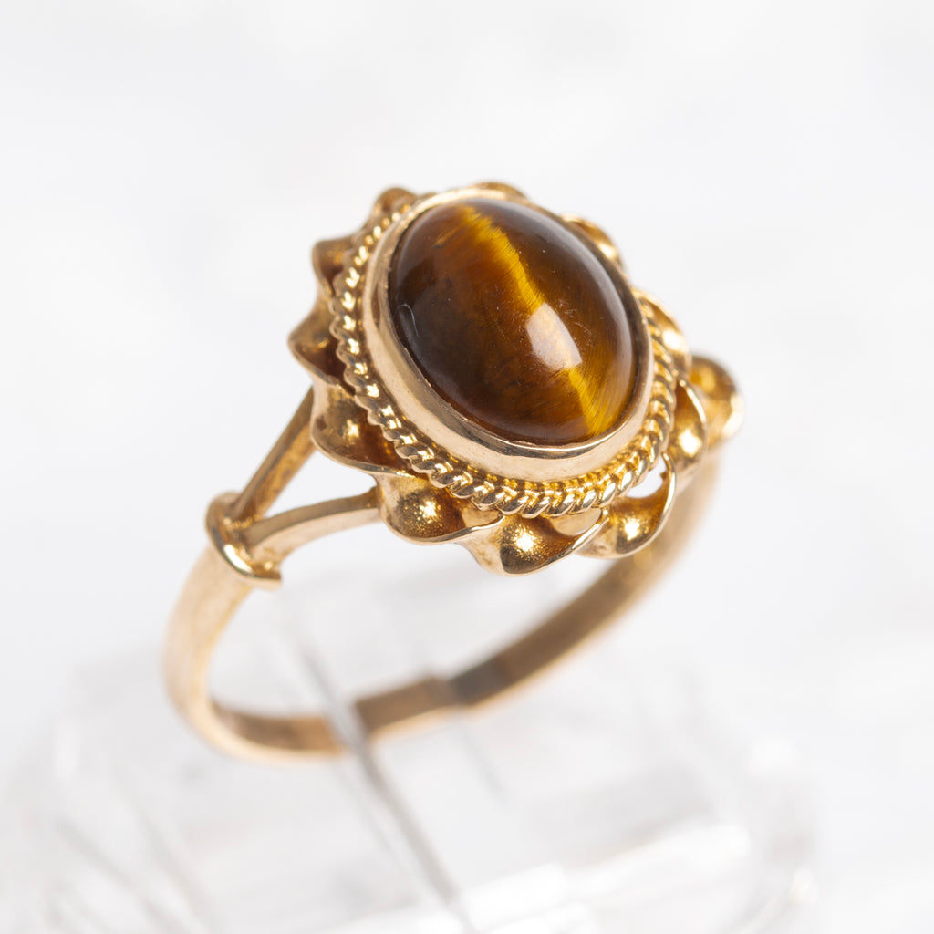 Vintage Tigers Eye Gemstone Ring 9ct Gold Rope Twist Mount Retro Jewelry (A1428)
