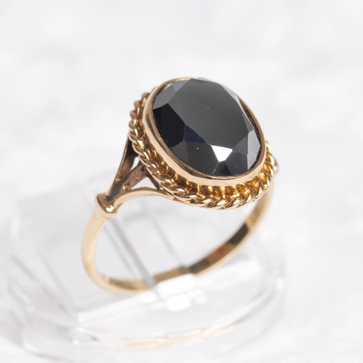 Vintage 9ct Gold Gemstone Ring Oval Facet Cut Hematite 1960's UK Size M (A1429)